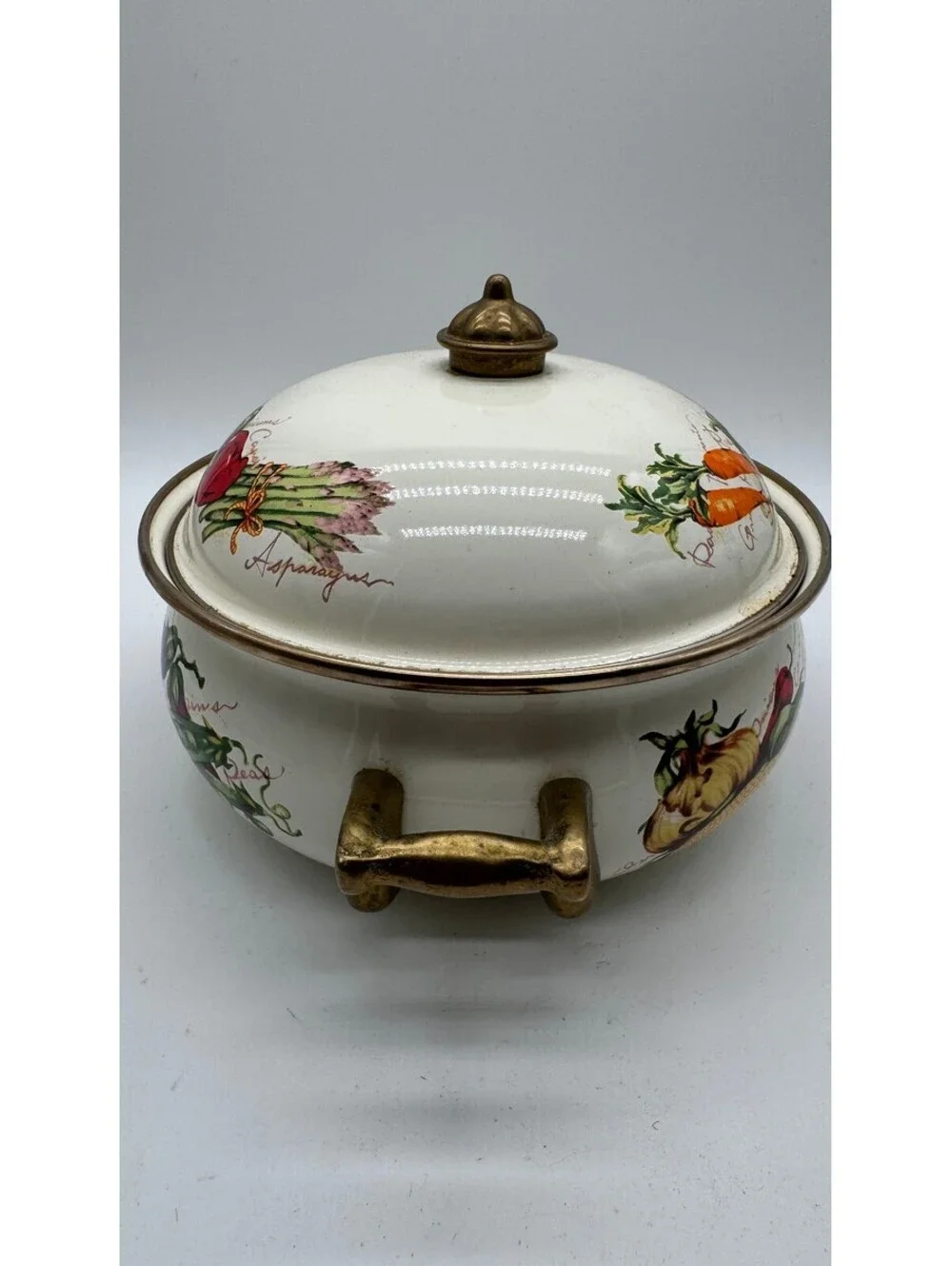 Vintage Ceramic Covered Casserole Tureen Vegetable Design Brass Tone Handles